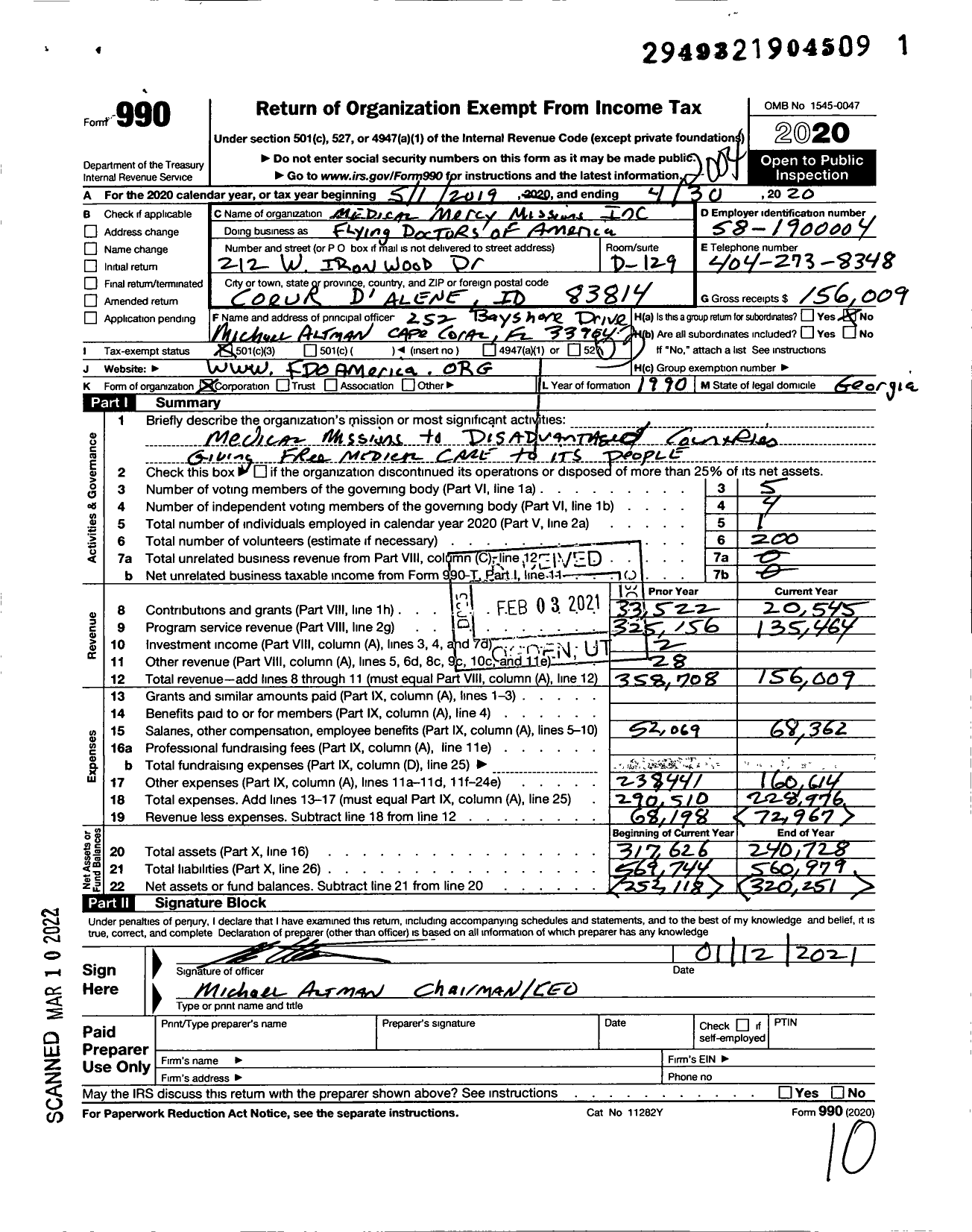 Image of first page of 2019 Form 990 for Flying Doctors of America