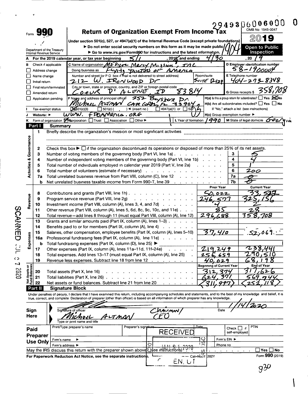 Image of first page of 2018 Form 990 for Flying Doctors of America