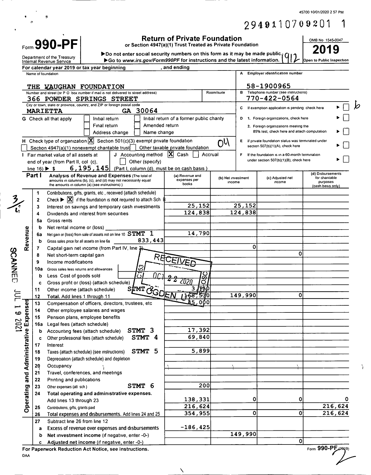 Image of first page of 2019 Form 990PF for The Vaughan Foundation