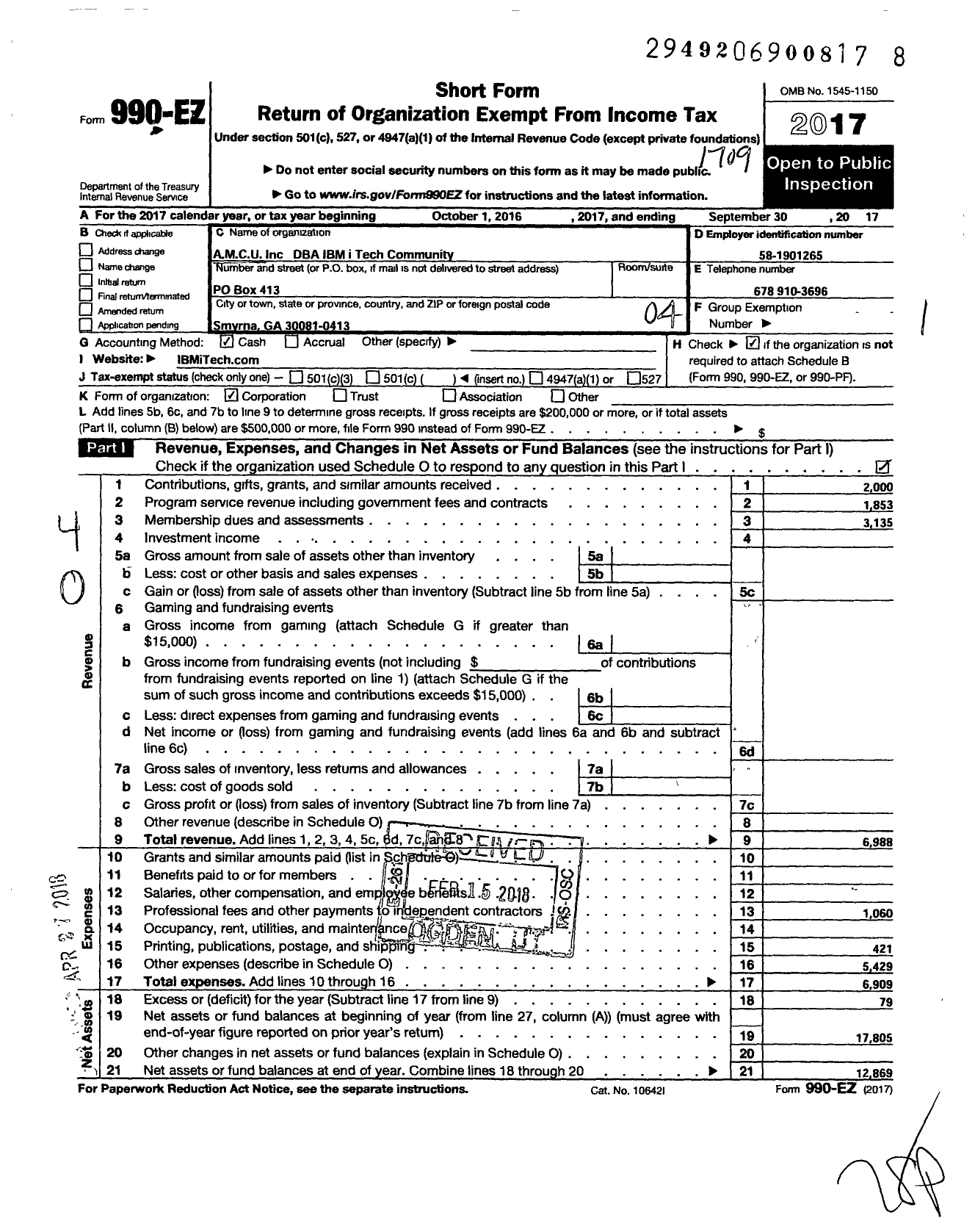 Image of first page of 2016 Form 990EO for IBM I Tech Community