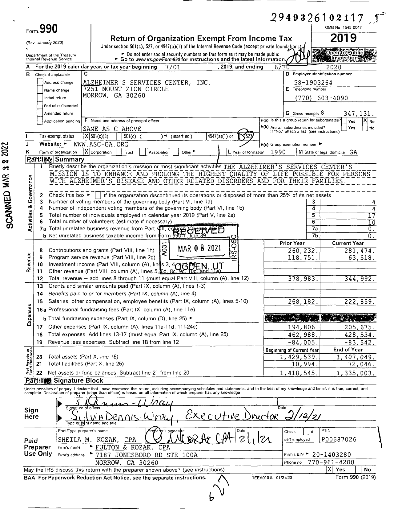 Image of first page of 2019 Form 990 for Alzheimers Services Center