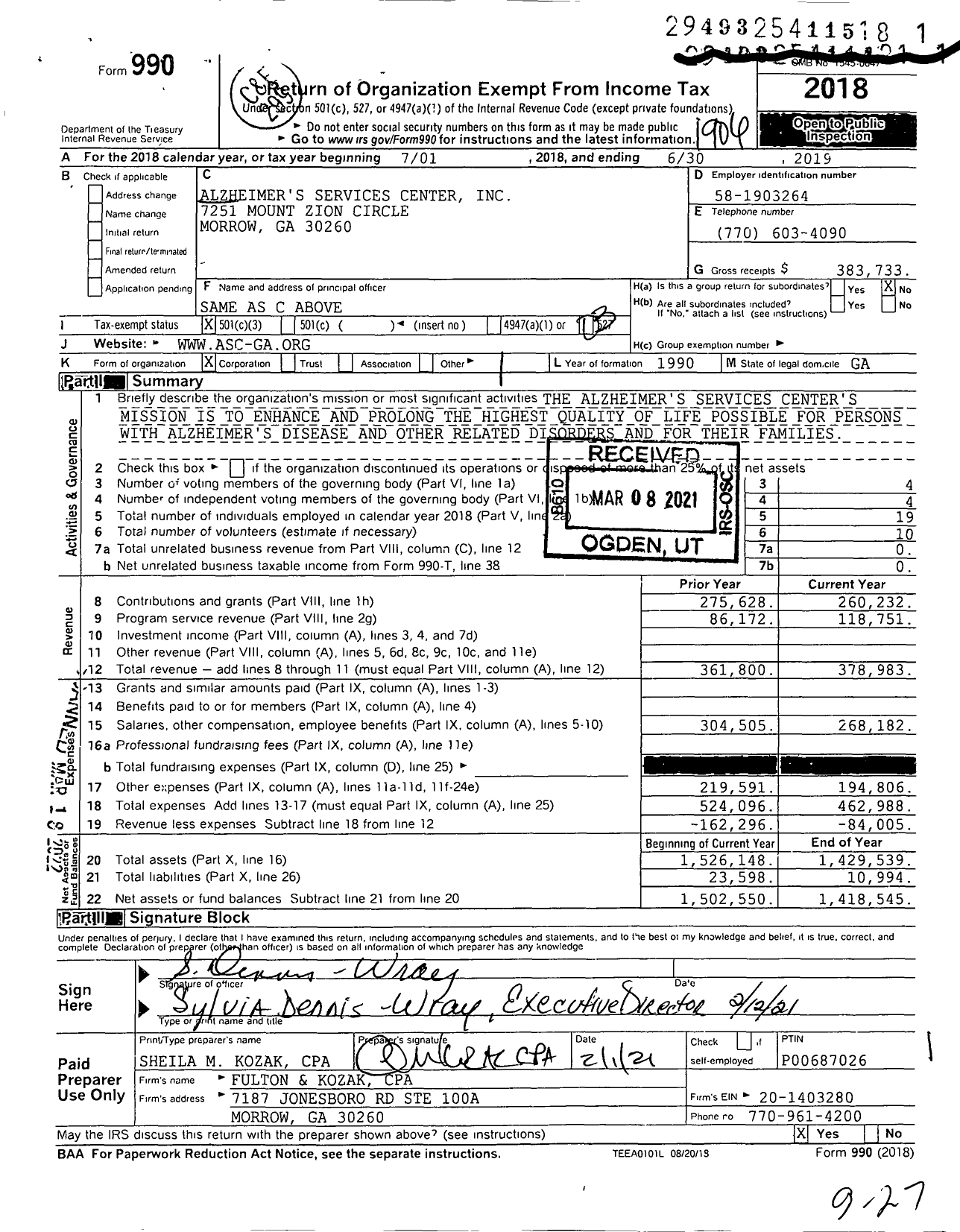 Image of first page of 2018 Form 990 for Alzheimers Services Center