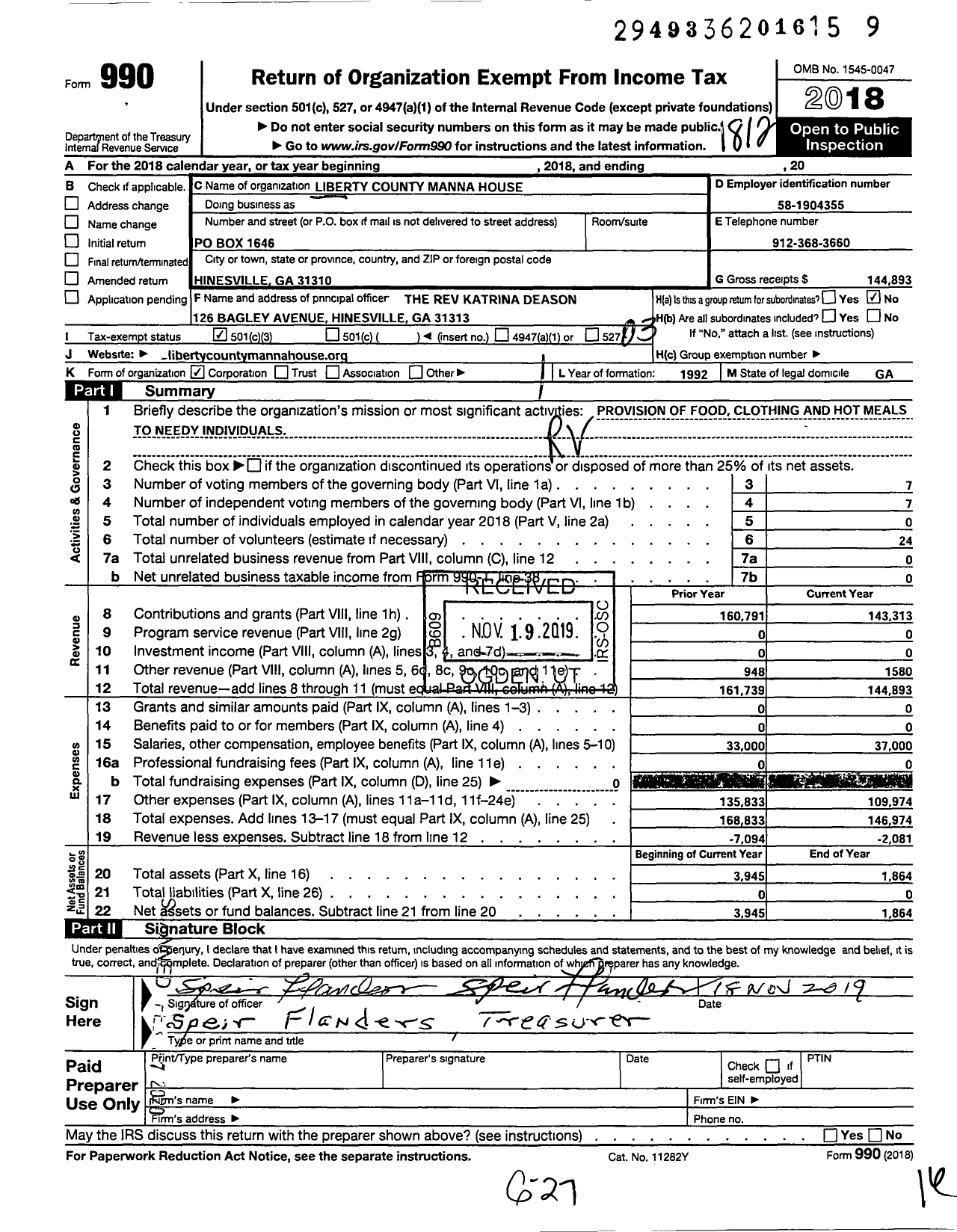 Image of first page of 2018 Form 990 for Liberty County Manna House