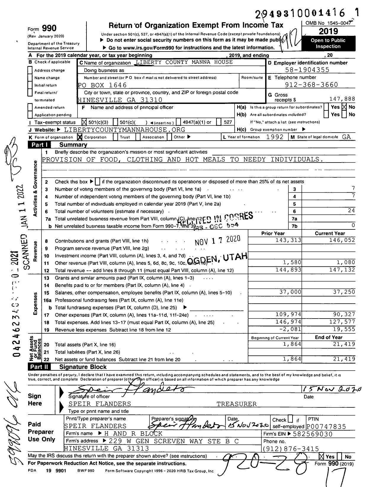Image of first page of 2019 Form 990 for Liberty County Manna House