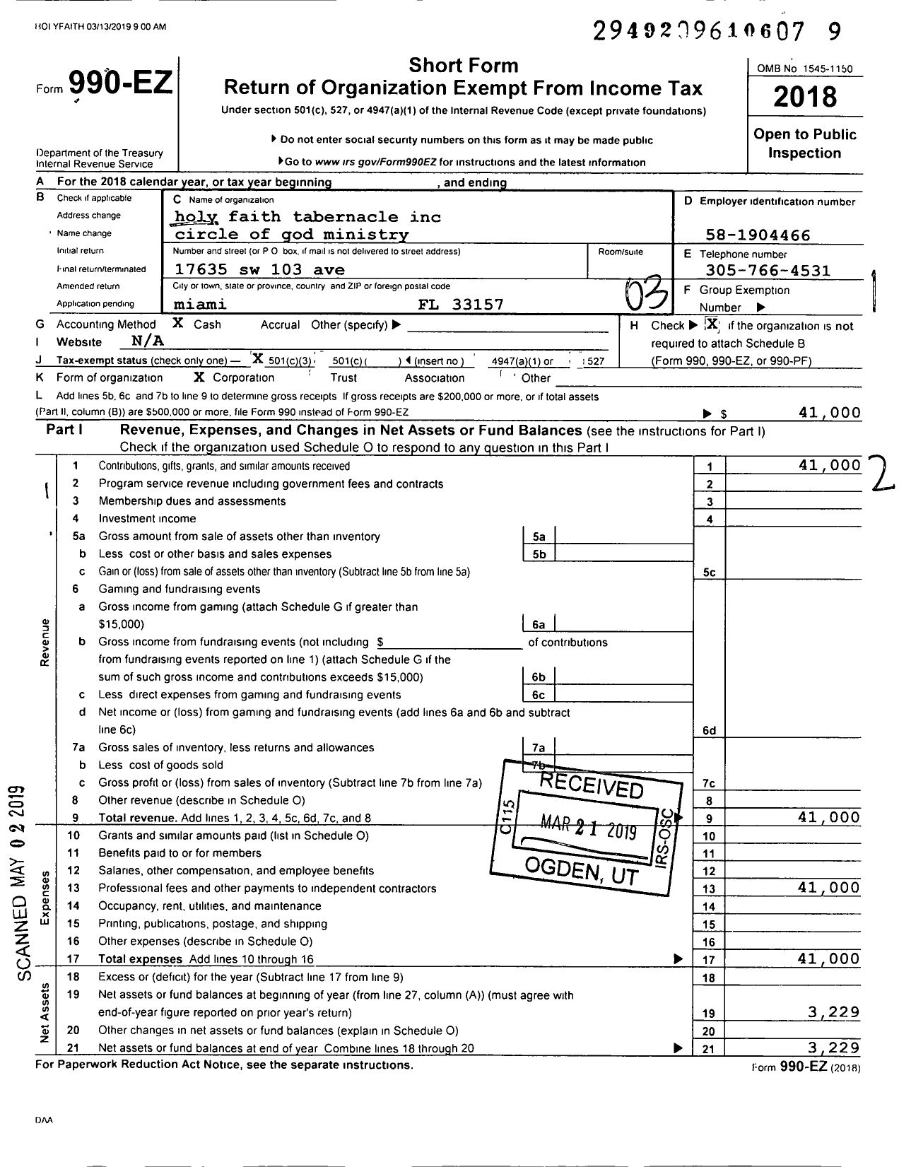 Image of first page of 2018 Form 990EZ for Holy Faith Tabernacle Circle of God Ministry