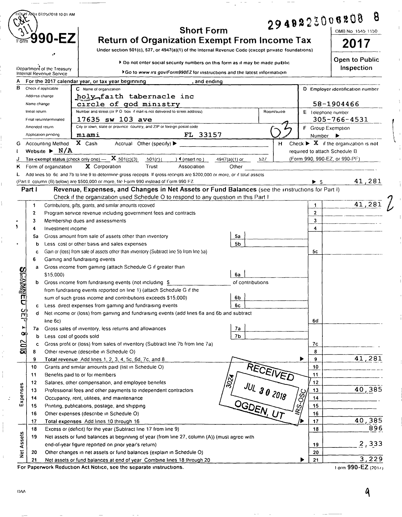 Image of first page of 2017 Form 990EZ for Holy Faith Tabernacle Circle of God Ministry