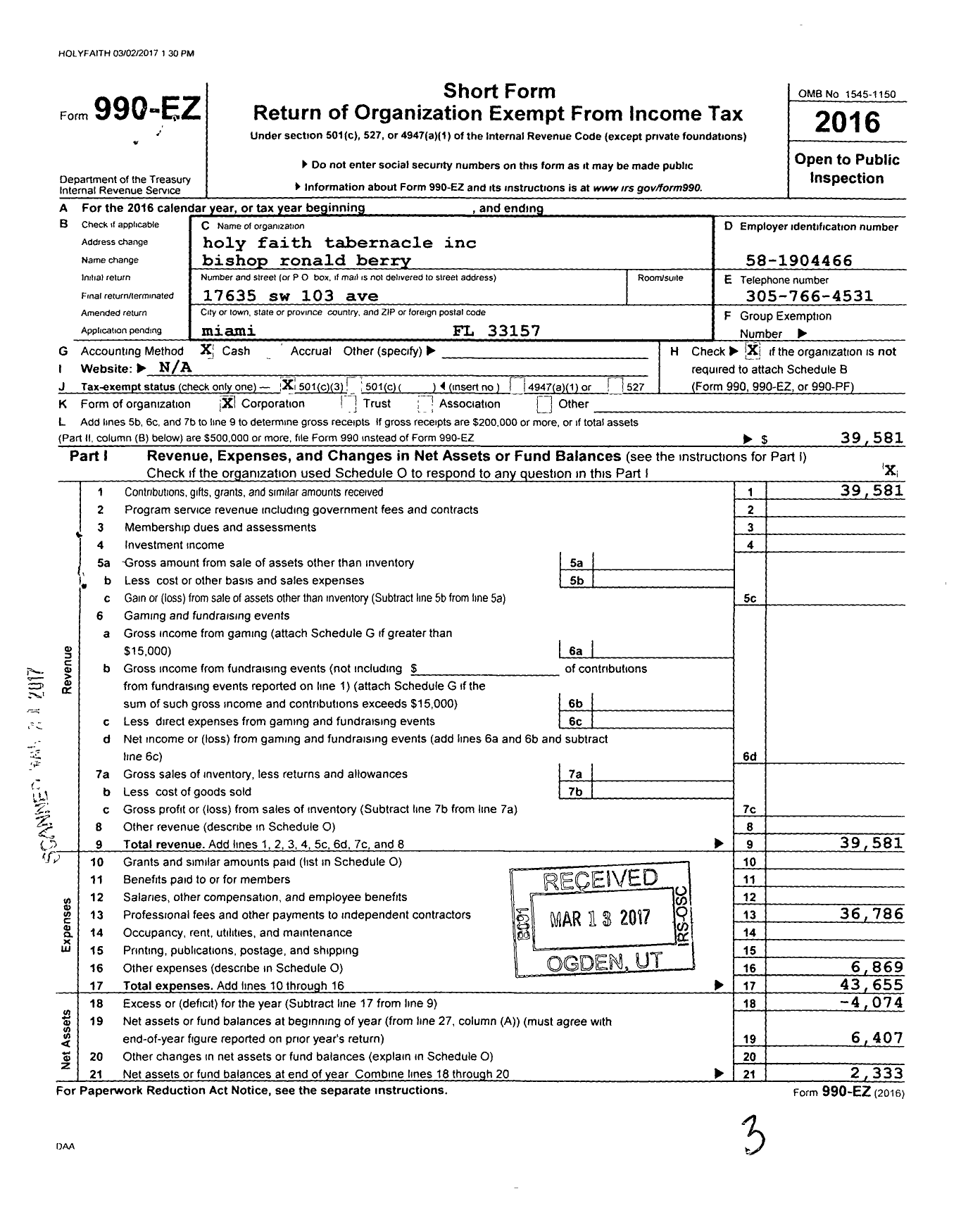 Image of first page of 2016 Form 990EZ for Holy Faith Tabernacle Circle of God Ministry