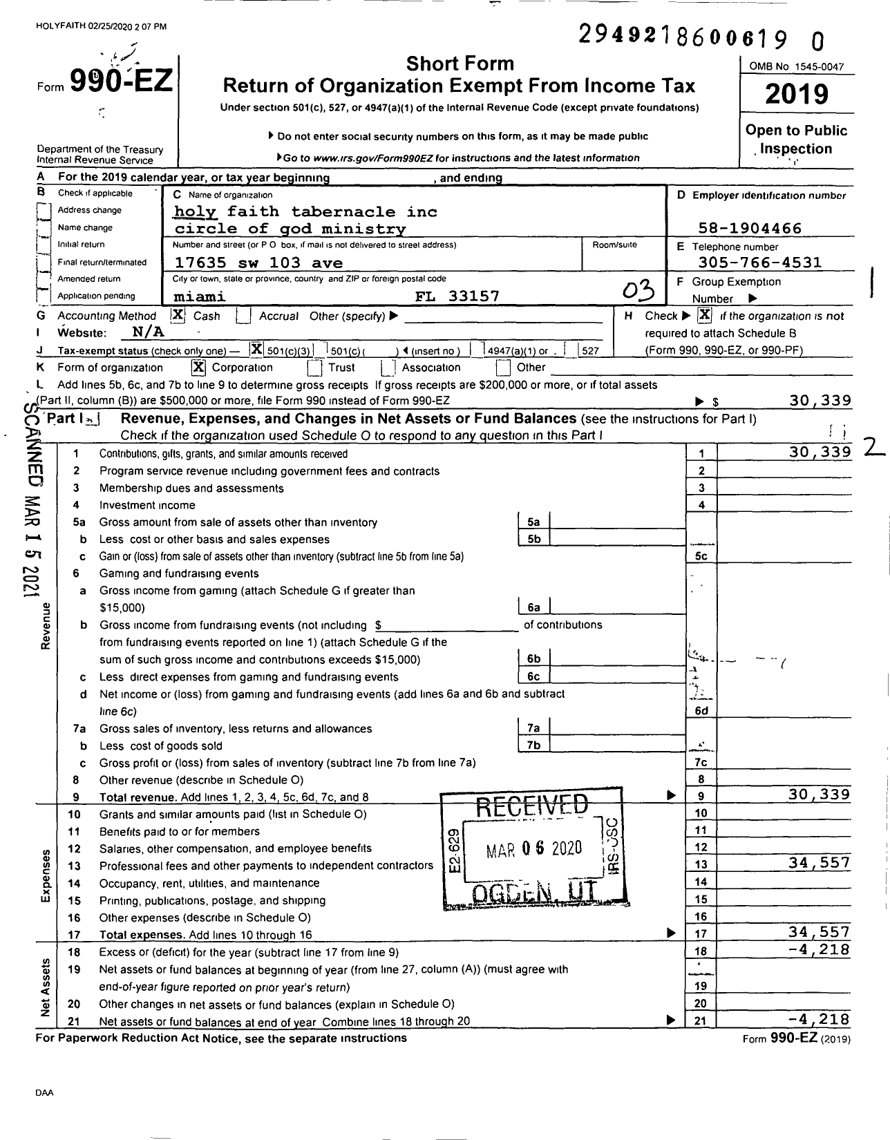 Image of first page of 2019 Form 990EZ for Holy Faith Tabernacle Circle of God Ministry