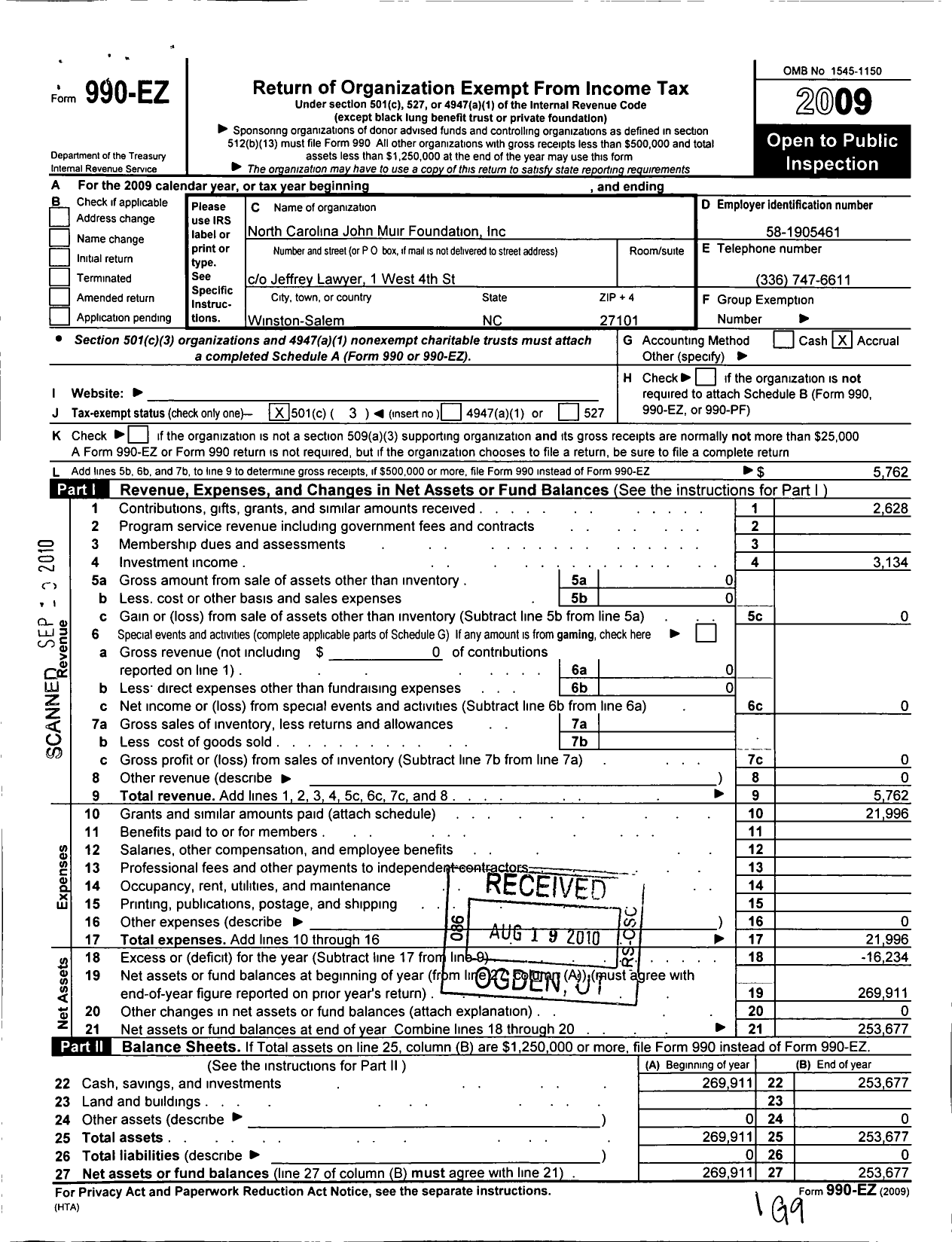 Image of first page of 2009 Form 990EZ for North Carolina John Muir Foundation