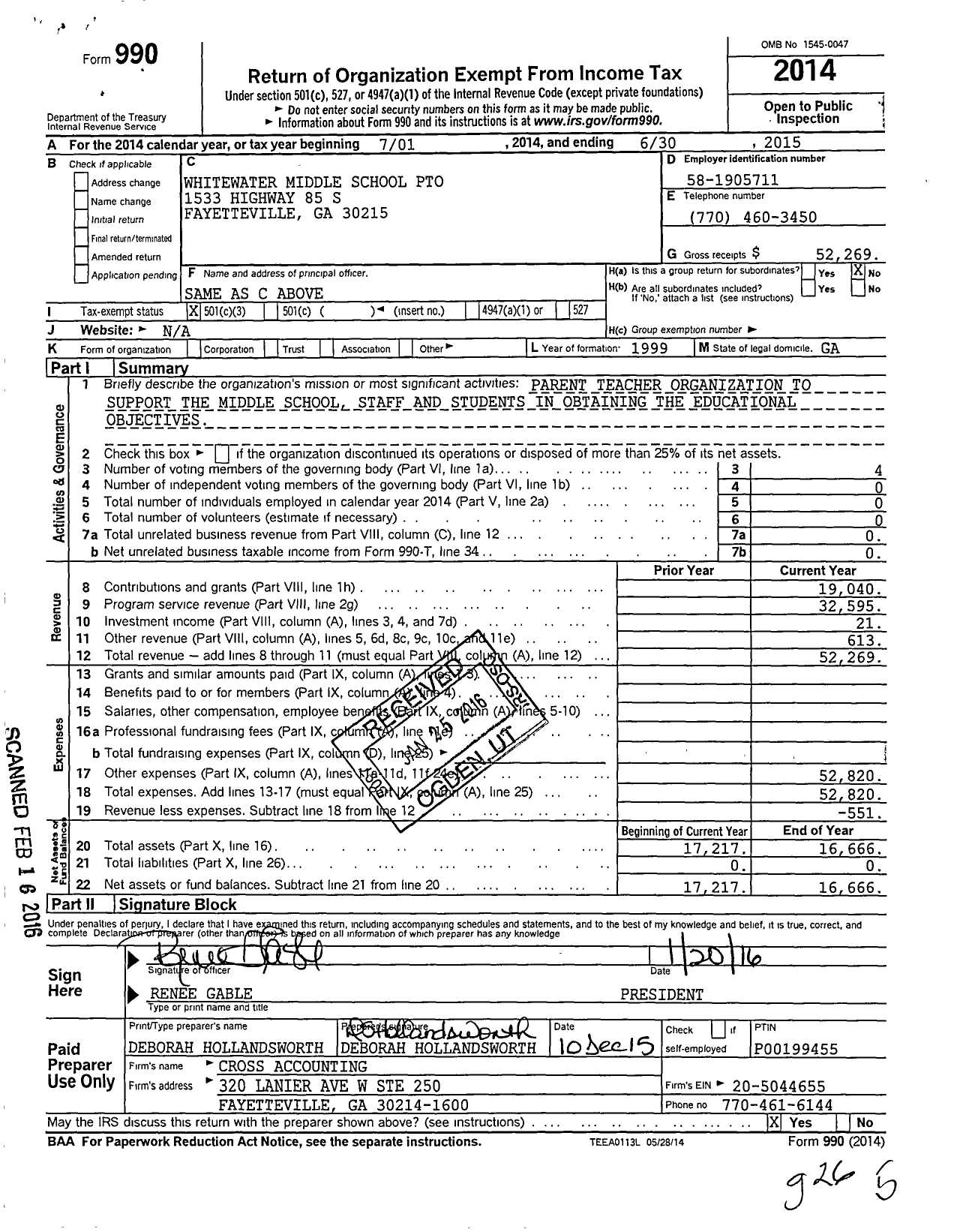 Image of first page of 2014 Form 990 for Whitewater Middle School Parent Teacher Organization of Fayette