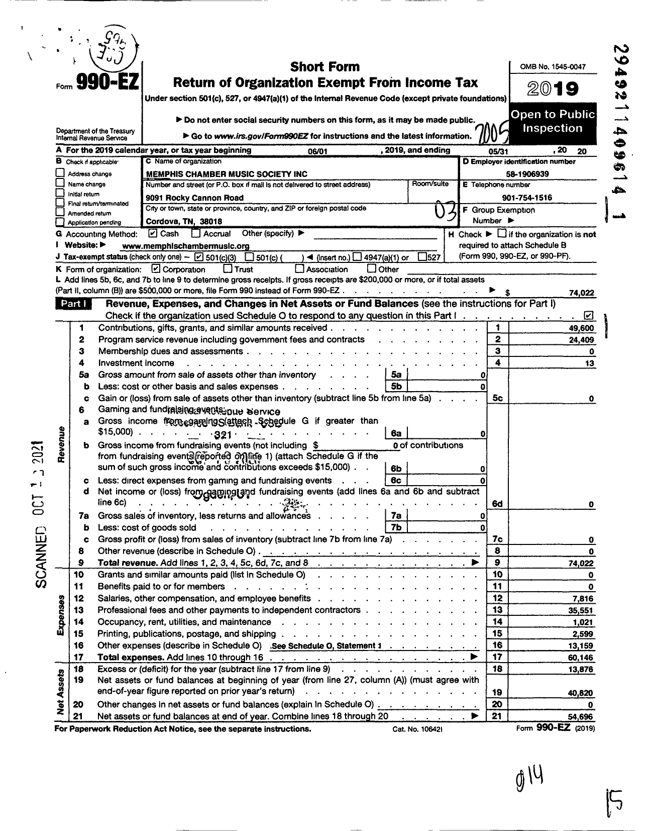 Image of first page of 2019 Form 990EZ for Memphis Chamber Music Society
