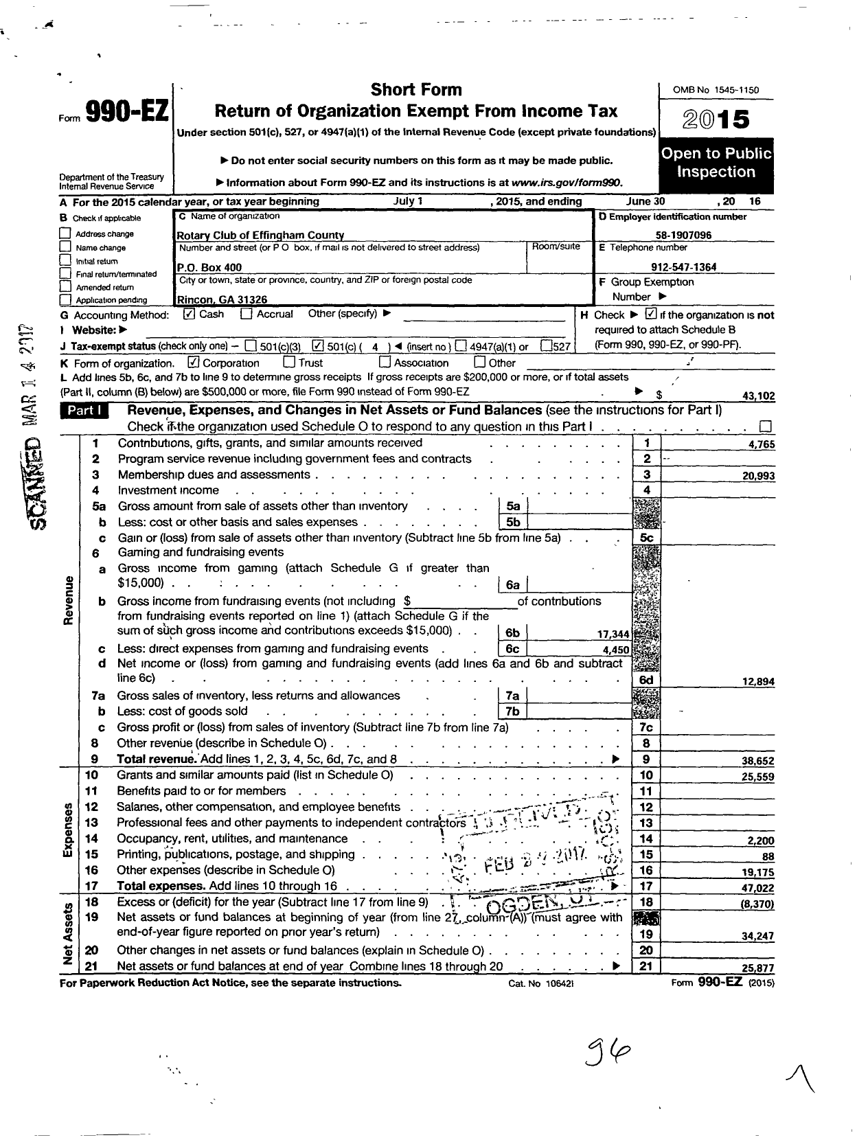 Image of first page of 2015 Form 990EO for Rotary International - Effingham County