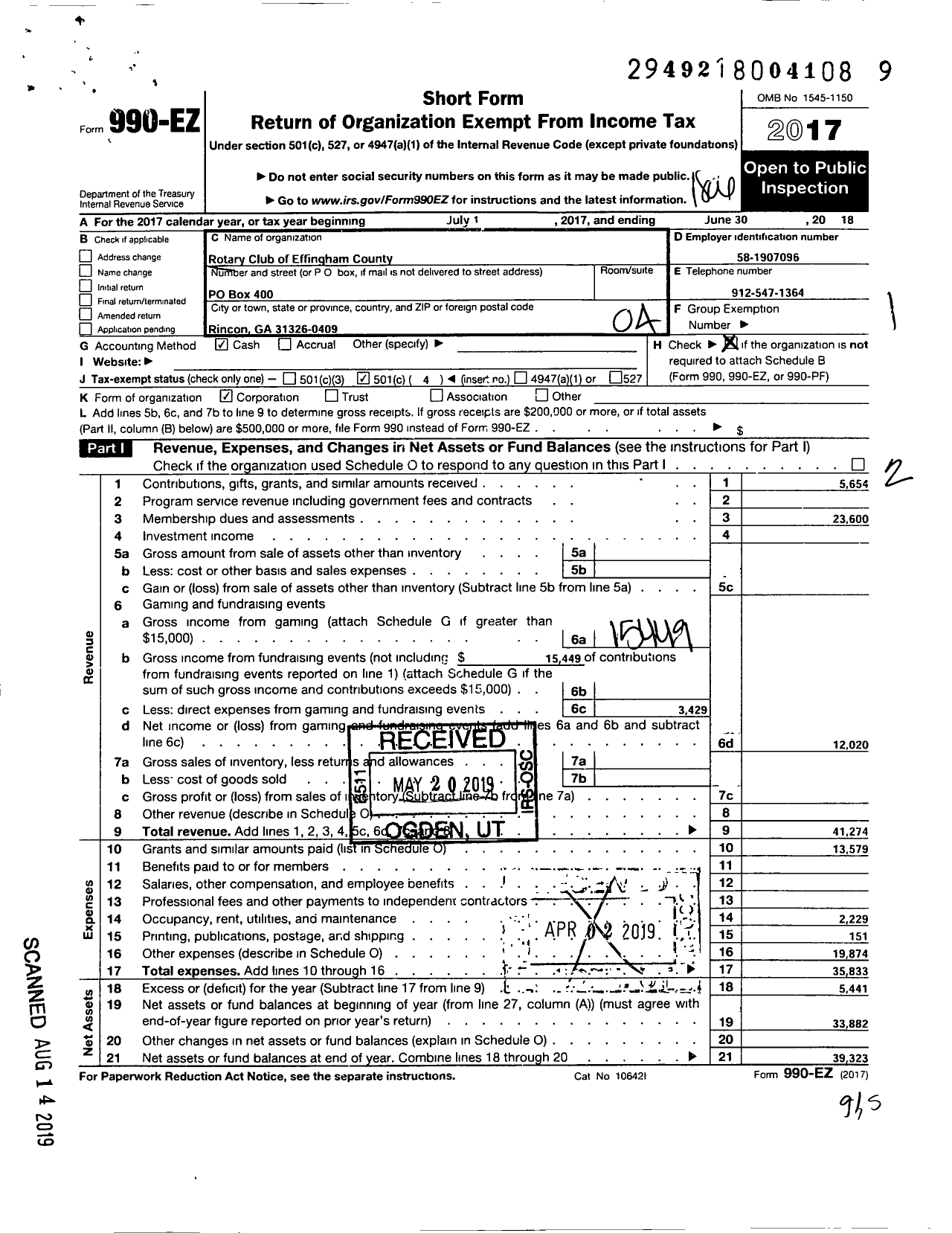 Image of first page of 2017 Form 990EO for Rotary International - Effingham County