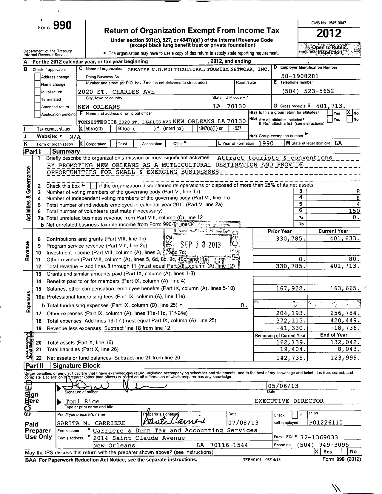 Image of first page of 2012 Form 990 for Greater N O Multicultural Tourism Network