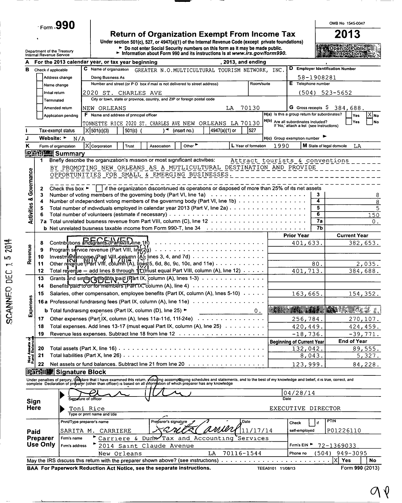 Image of first page of 2013 Form 990 for Greater N O Multicultural Tourism Network