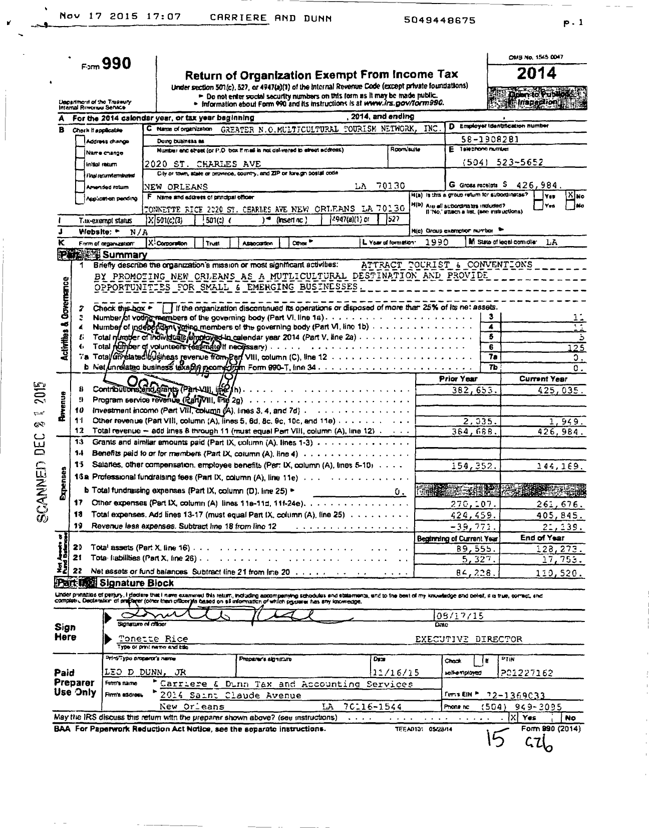 Image of first page of 2014 Form 990 for Greater N O Multicultural Tourism Network