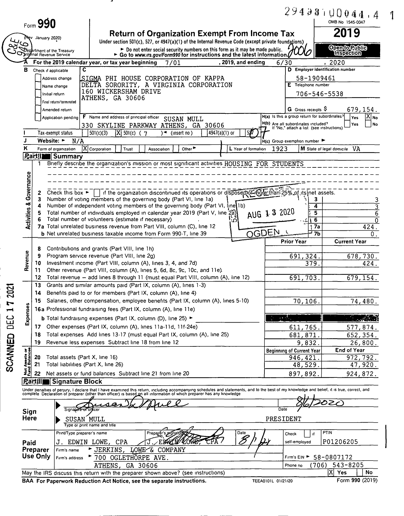 Image of first page of 2019 Form 990O for Sigma Phi House Corporation of Kappa Delta Sorority