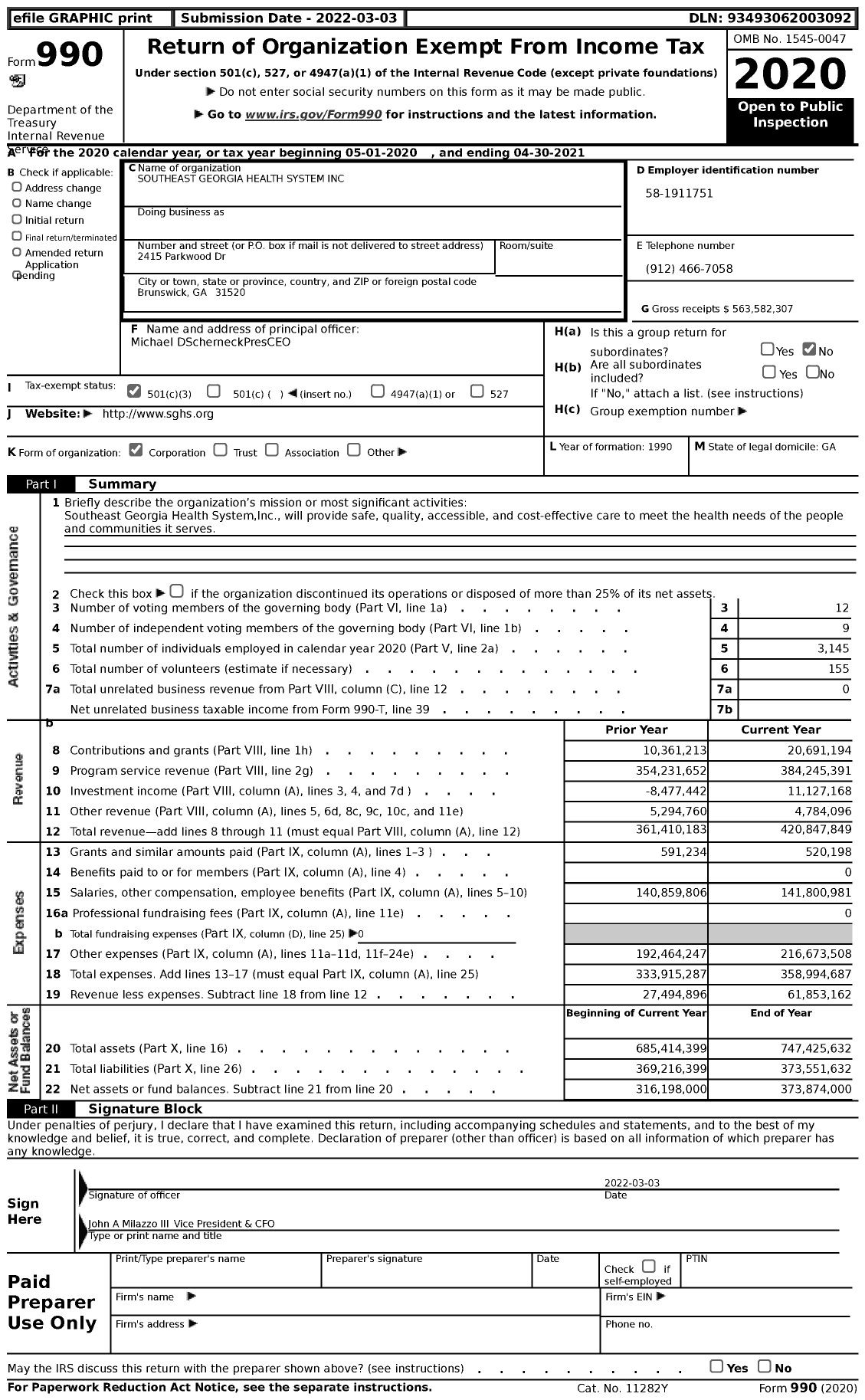 Image of first page of 2020 Form 990 for Southeast Georgia Health System (SGHS)