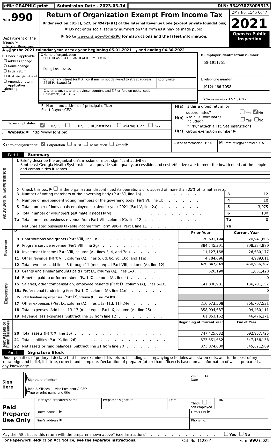 Image of first page of 2021 Form 990 for Southeast Georgia Health System (SGHS)