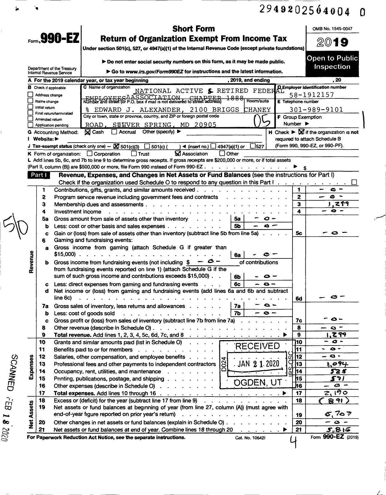 Image of first page of 2019 Form 990EO for NATIONAL ACTIVE AND RETIRED FEDeral EMPLOYEES ASSOCIATION - 1888