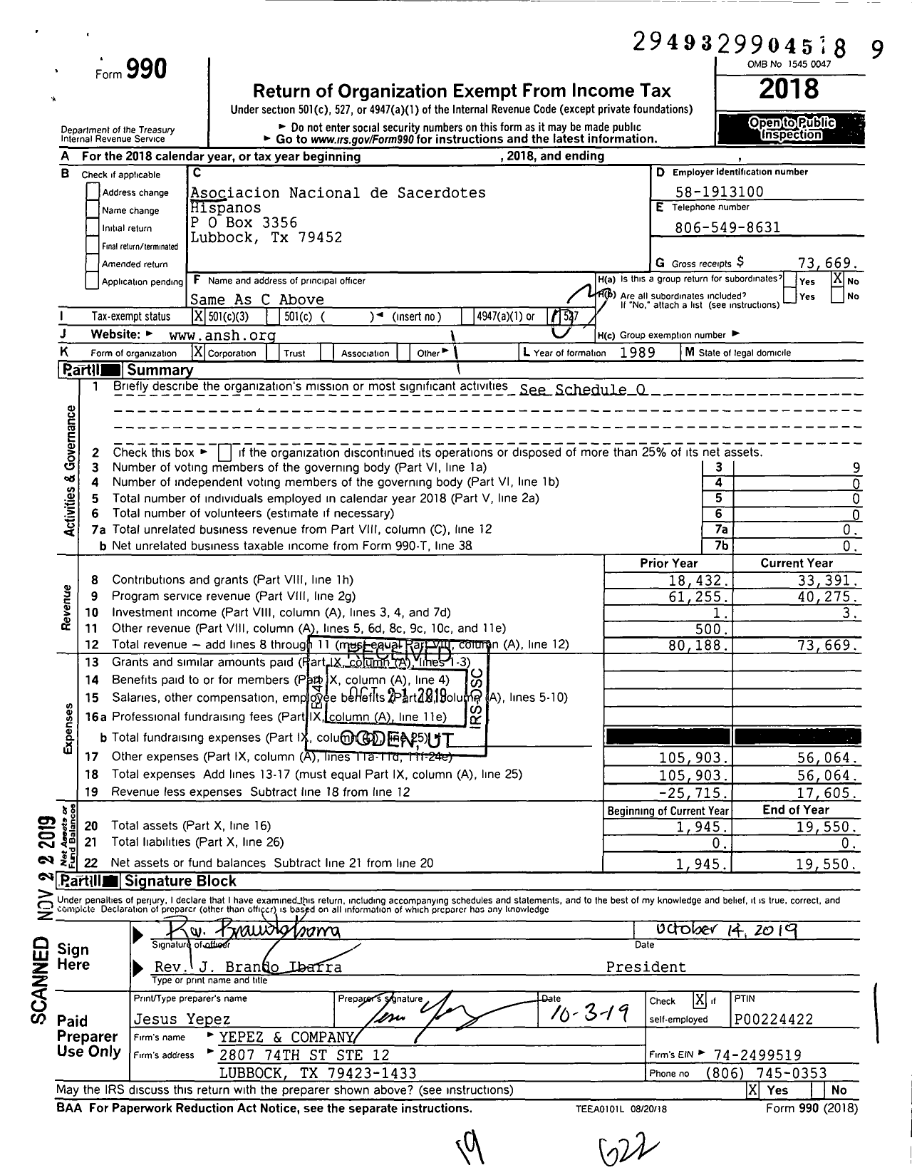 Image of first page of 2018 Form 990 for Asociacion Nacional de Sacerdotes Hispanos