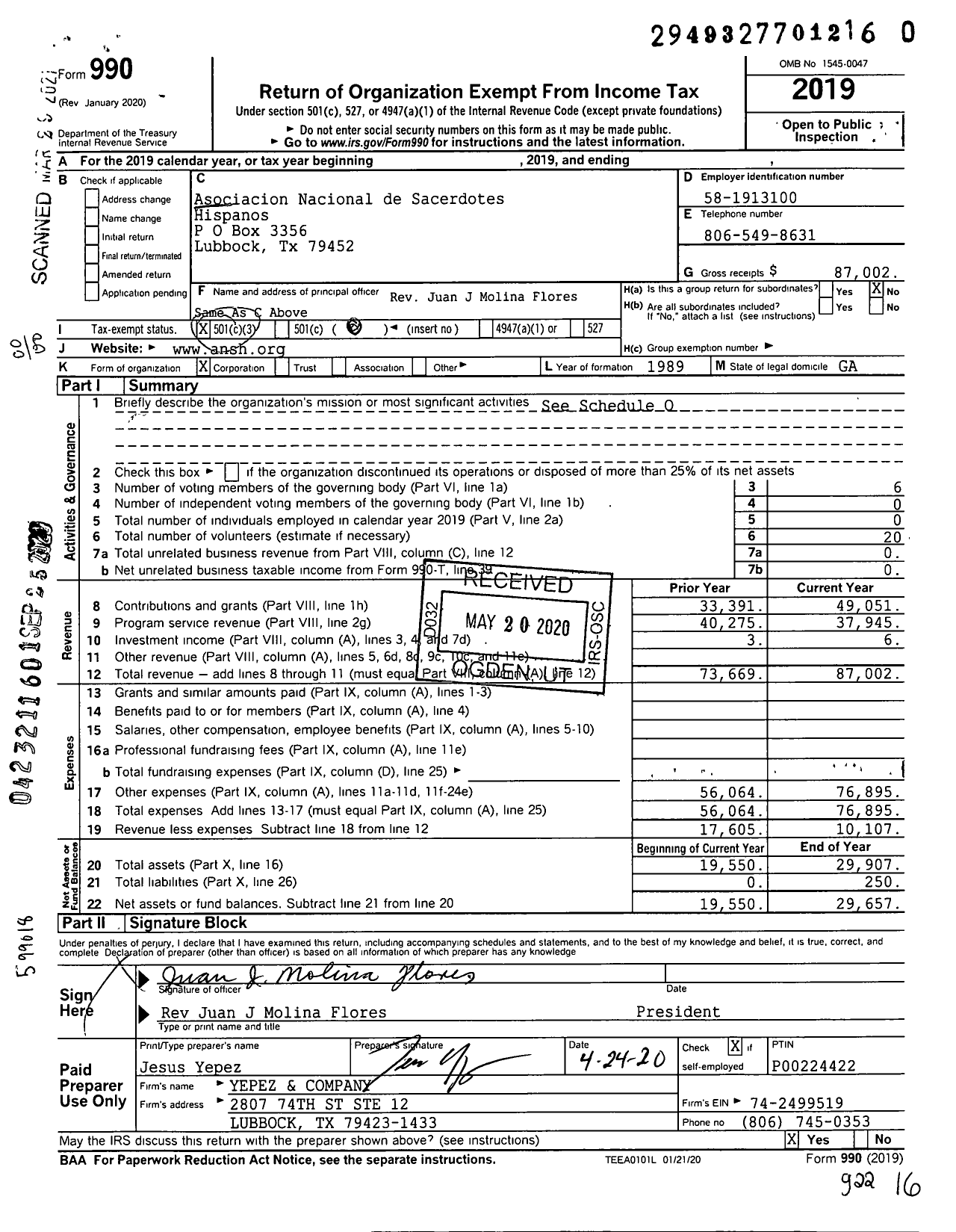 Image of first page of 2019 Form 990O for Asociacion Nacional de Sacerdotes Hispanos