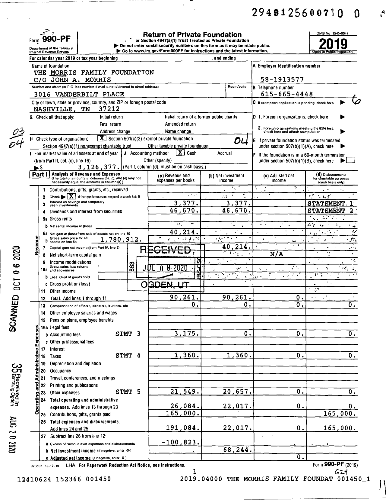 Image of first page of 2019 Form 990PR for The Morris Family Foundation