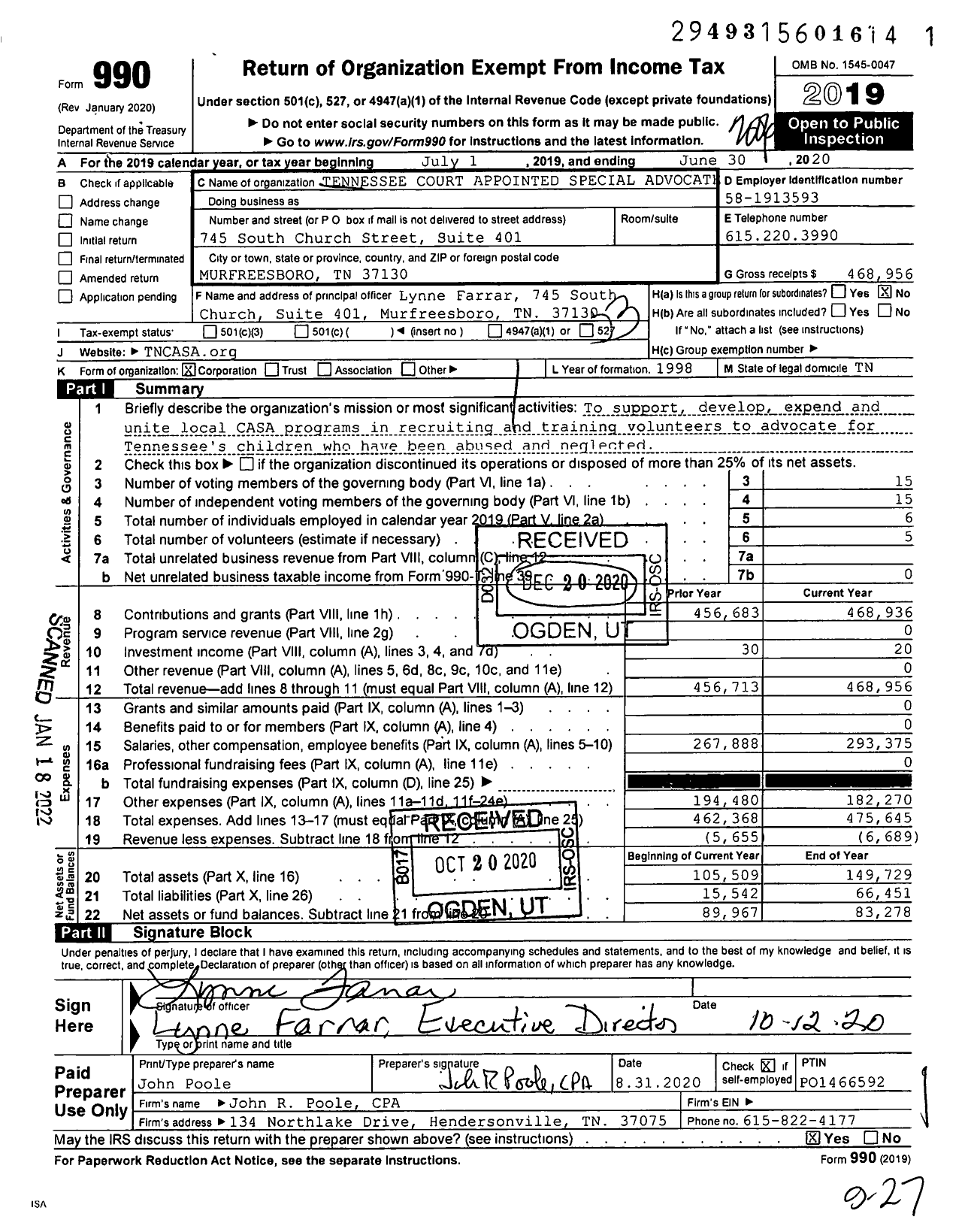 Image of first page of 2019 Form 990 for Tennessee Court Appointed Special Advocate Association