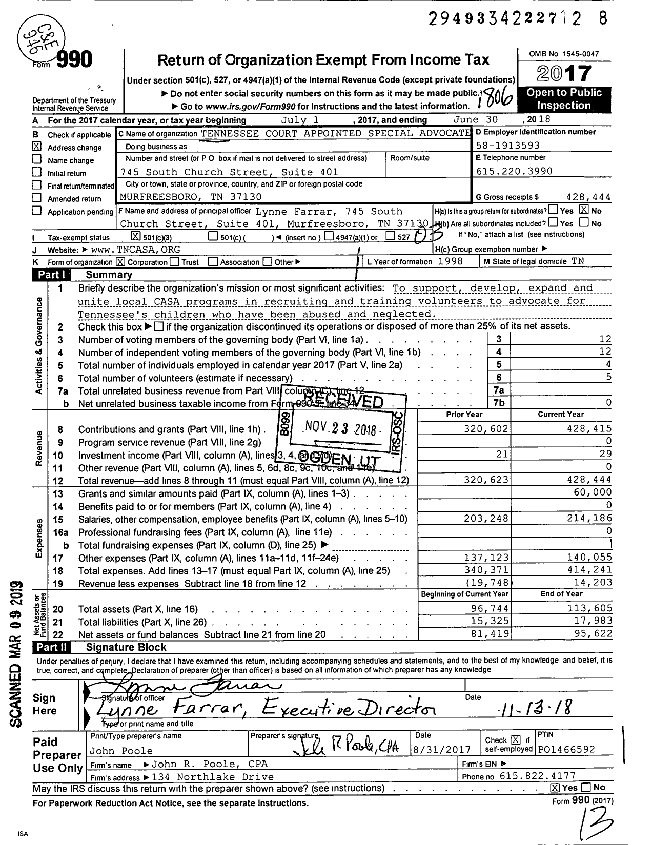 Image of first page of 2017 Form 990 for Tennessee Court Appointed Special Advocate Association