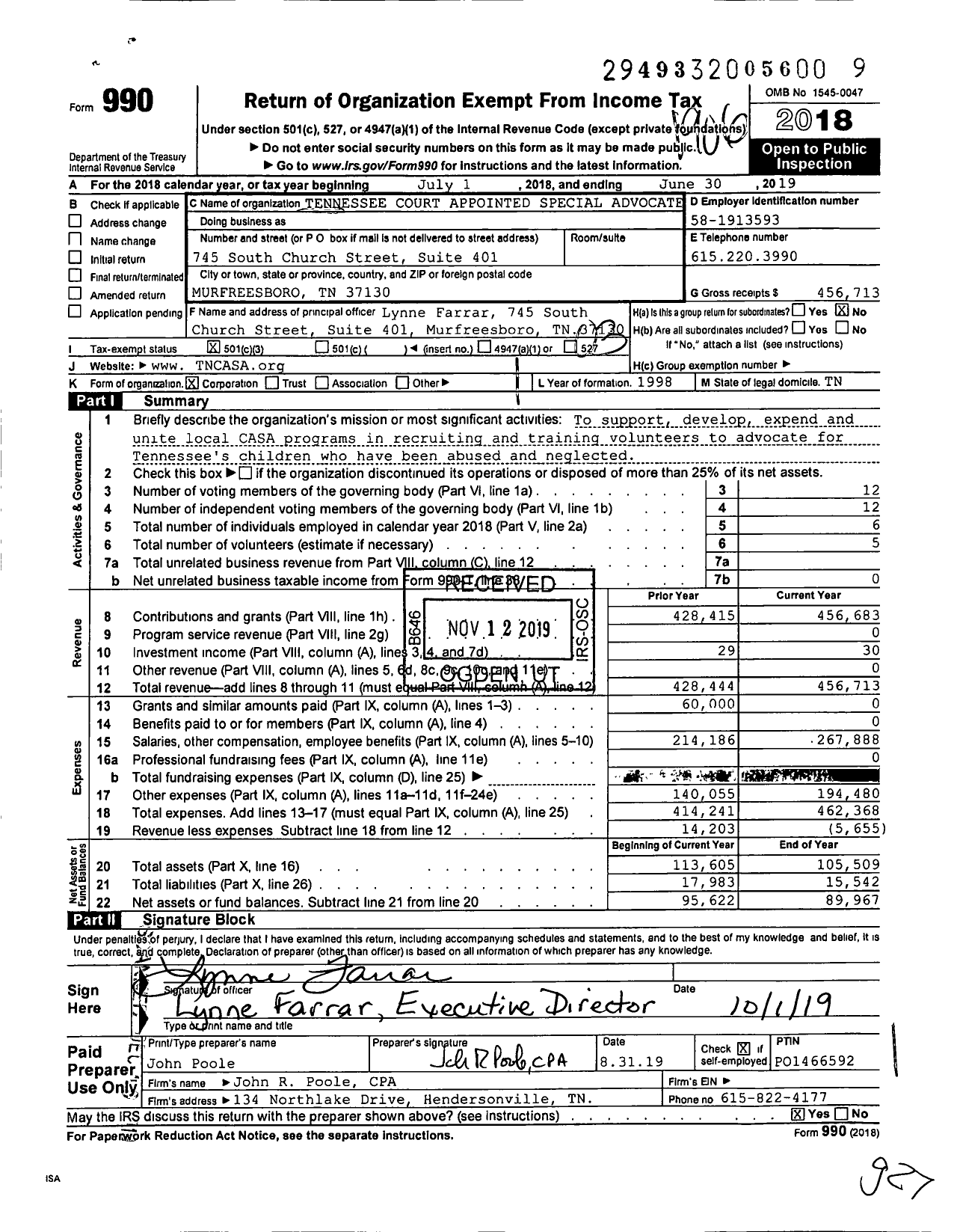 Image of first page of 2018 Form 990 for Tennessee Court Appointed Special Advocate Association