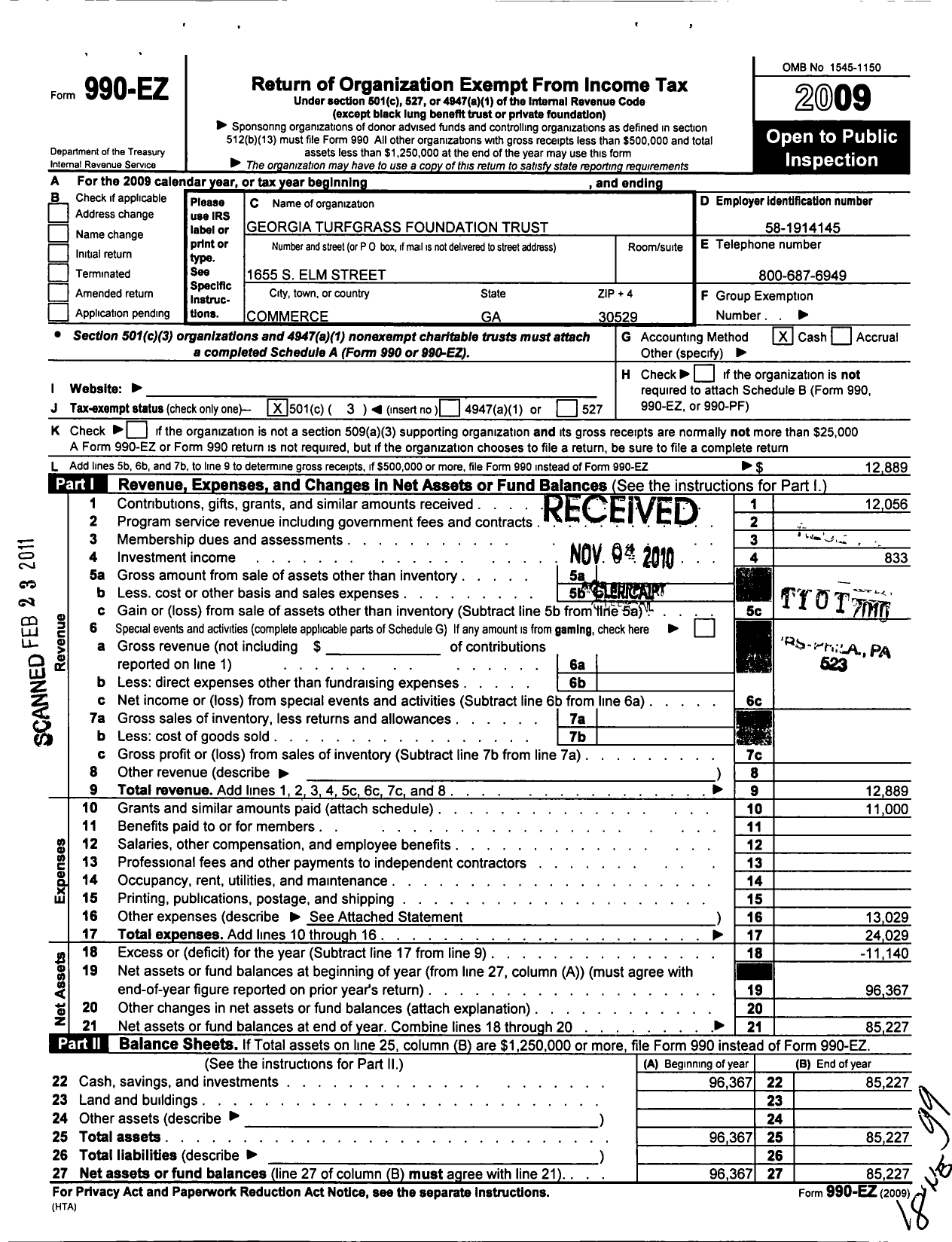 Image of first page of 2009 Form 990EZ for Georgia Turfgrass Foundation Trust