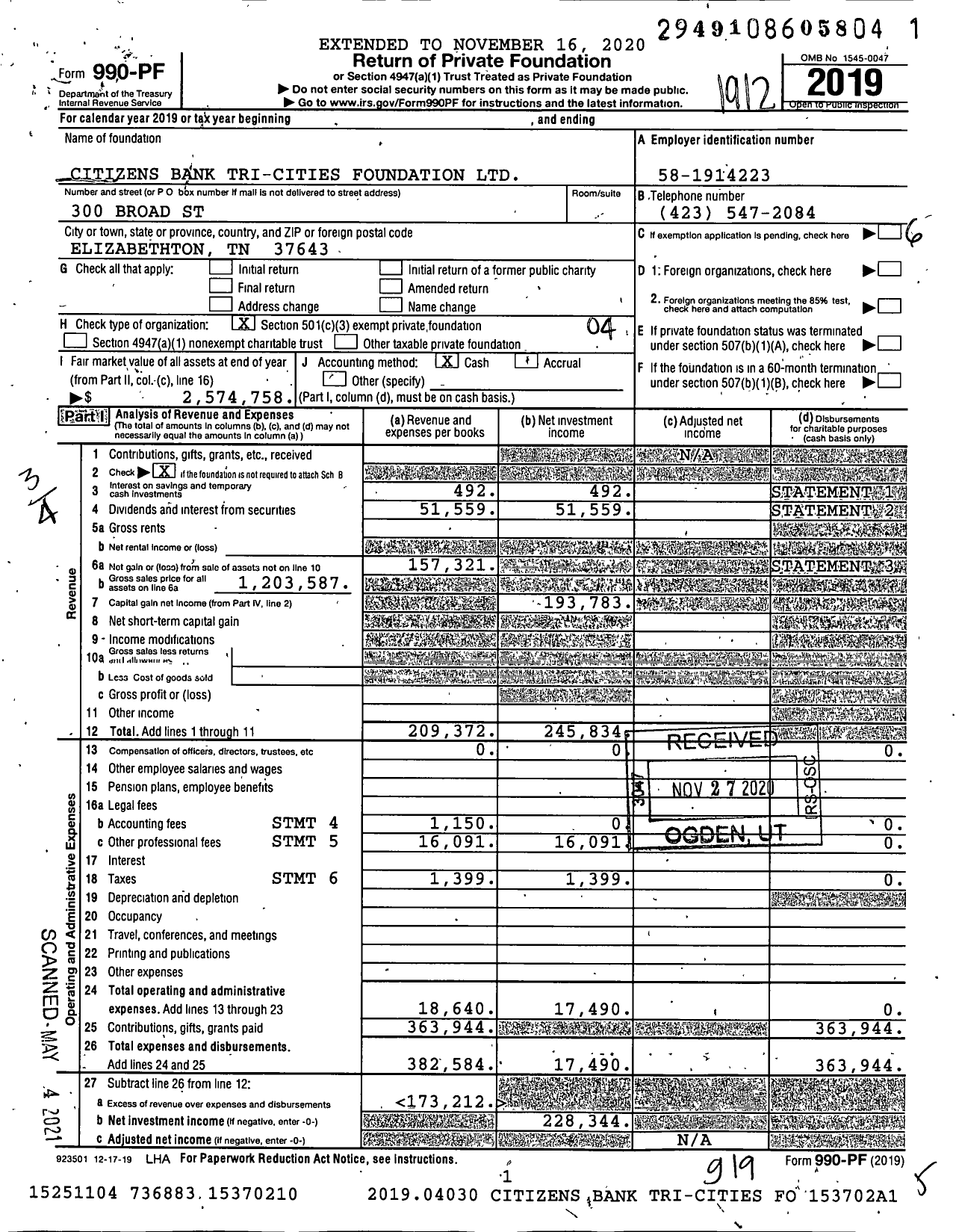 Image of first page of 2019 Form 990PF for Citizens Bank Tri-Cities Foundation