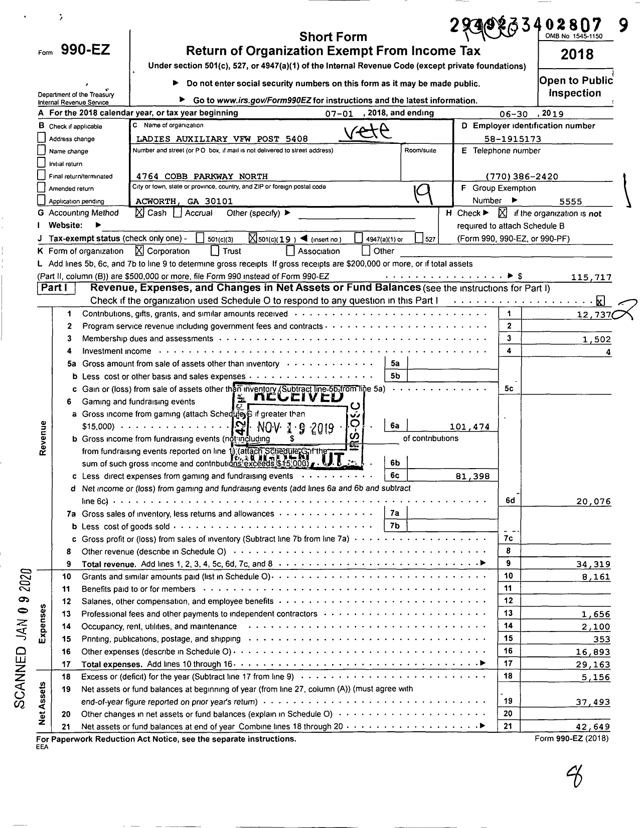 Image of first page of 2018 Form 990EO for Dept of Georgia Ladies Auxiliary To the VFW of the United States - 5408 Acworth and Kennesaw Post