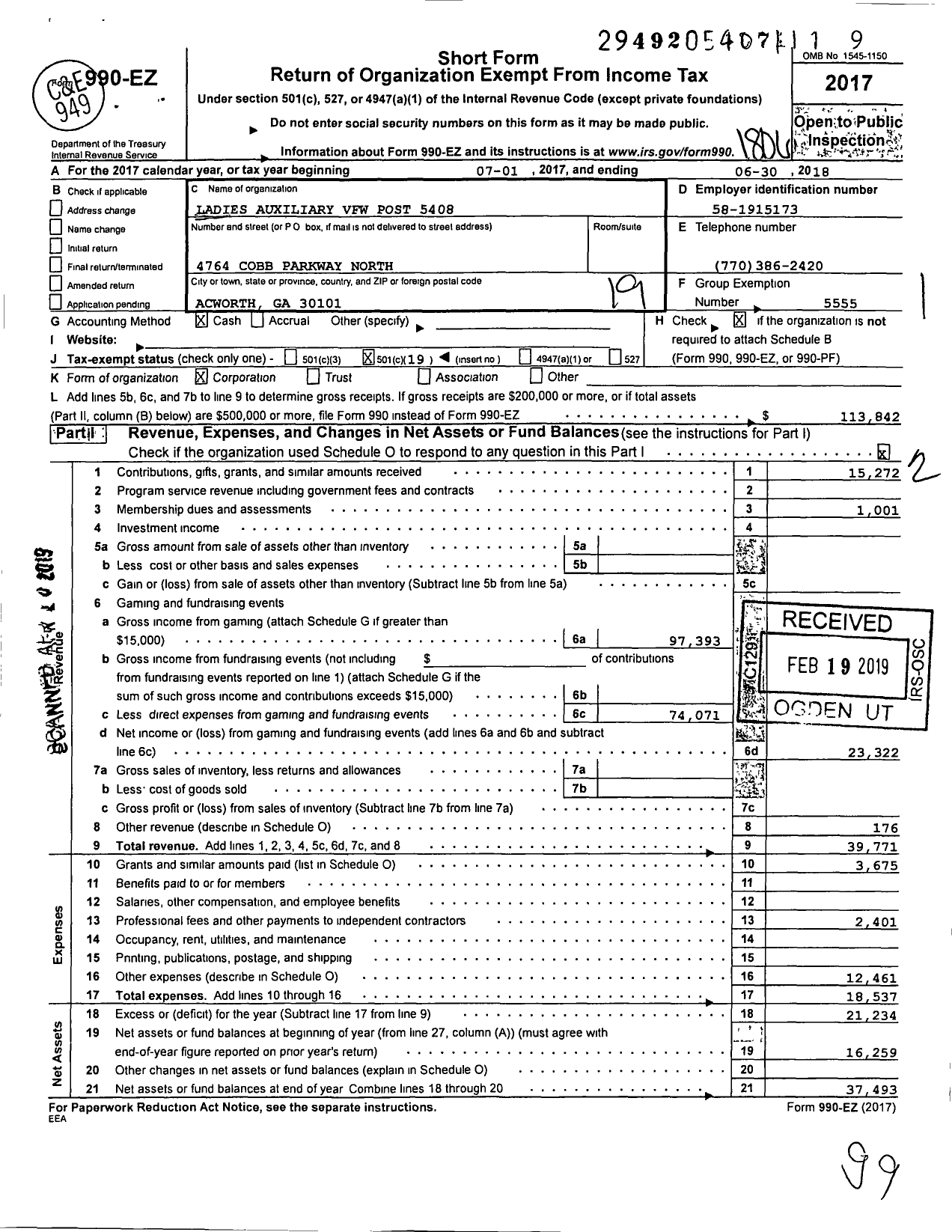 Image of first page of 2017 Form 990EO for Dept of Georgia Ladies Auxiliary To the VFW of the United States - 5408 Acworth and Kennesaw Post