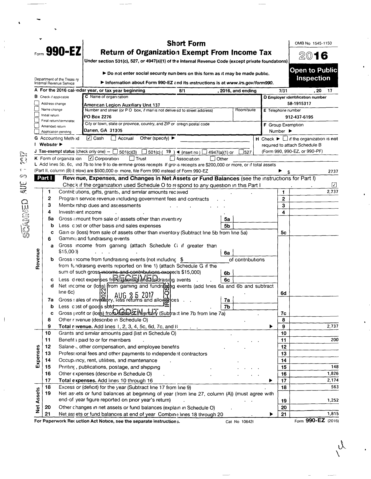 Image of first page of 2016 Form 990EO for American Legion Auxiliary / 137 Unknown Soldier