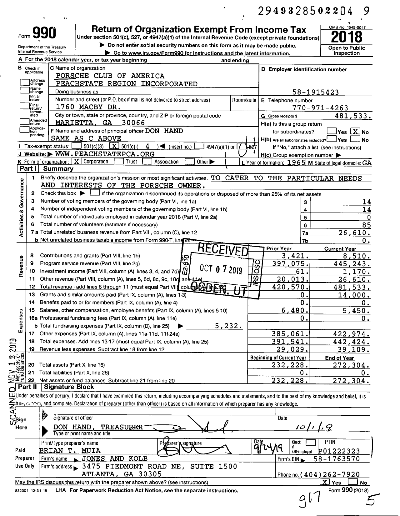 Image of first page of 2018 Form 990O for Porsche Club of America Peachstate Region Incorporated