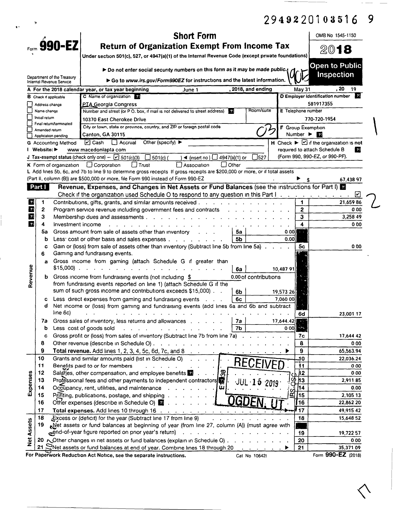 Image of first page of 2018 Form 990EZ for GEORGIA PTA - Macedonia ES PTA