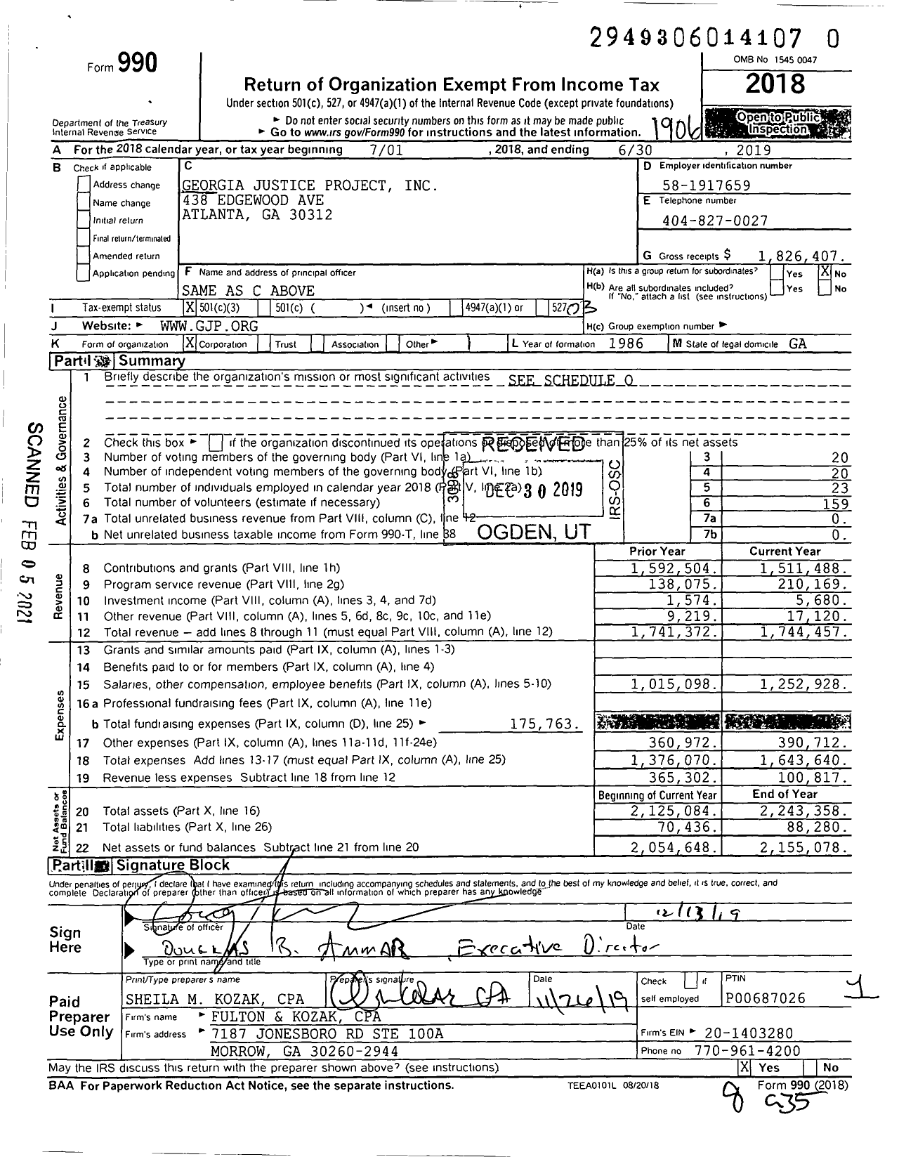 Image of first page of 2018 Form 990 for Georgia Justice Project (GJP)