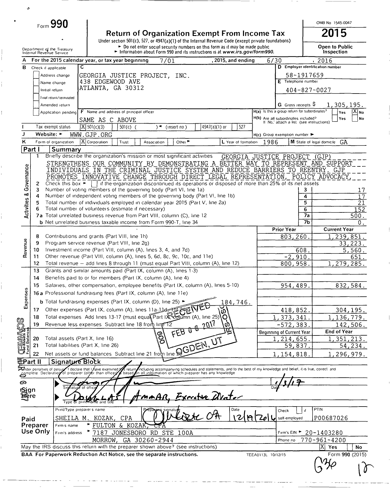 Image of first page of 2015 Form 990 for Georgia Justice Project (GJP)