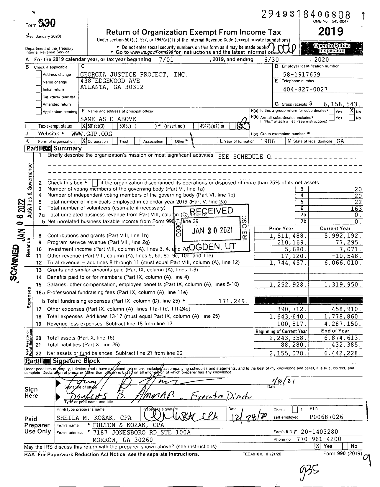 Image of first page of 2019 Form 990 for Georgia Justice Project (GJP)