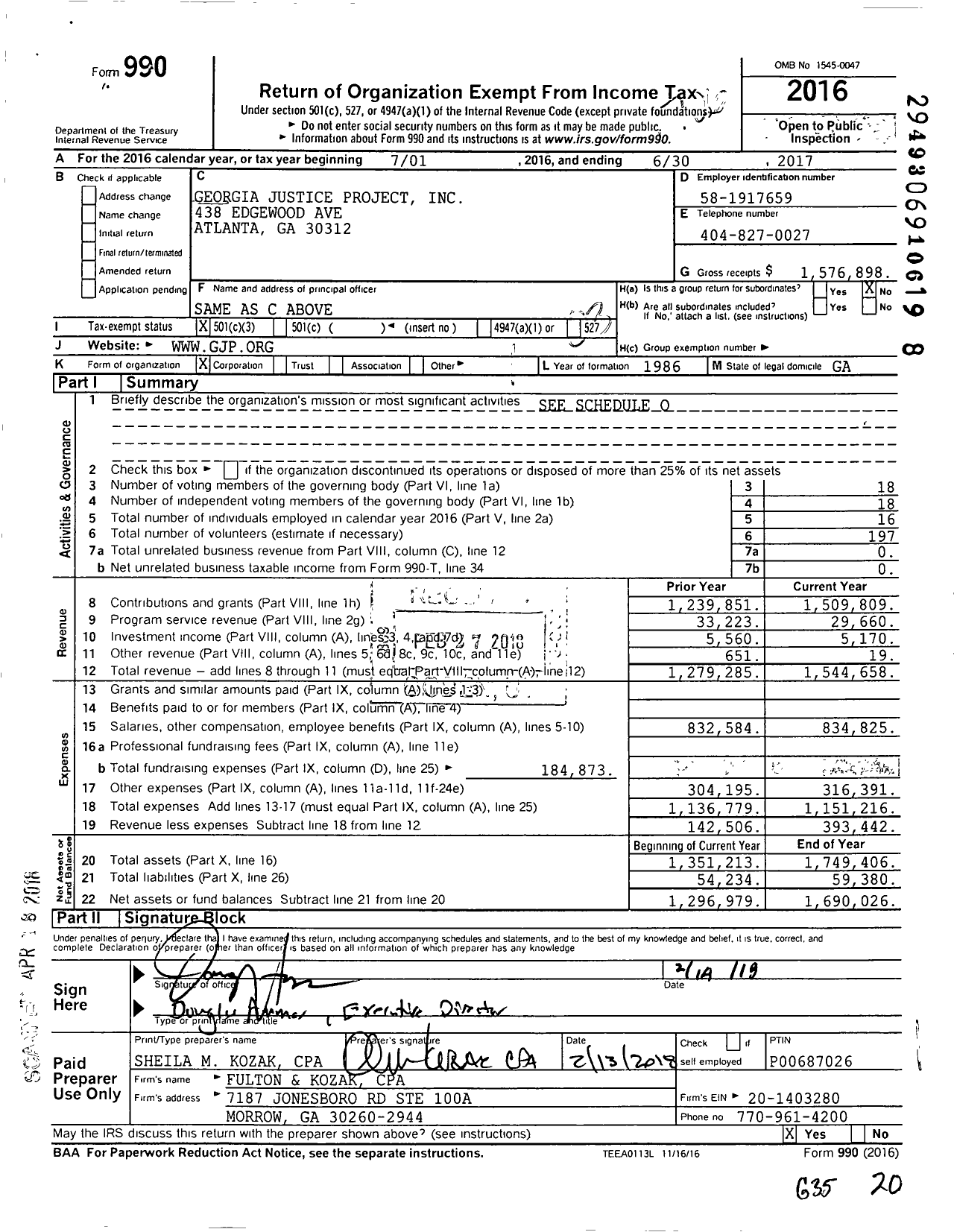 Image of first page of 2016 Form 990 for Georgia Justice Project (GJP)