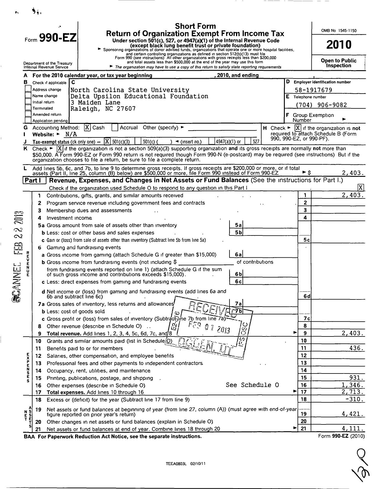 Image of first page of 2010 Form 990EZ for Delta Upsilon Internationa Fraternity