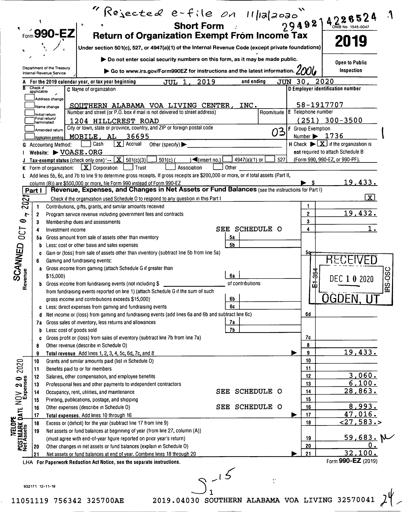 Image of first page of 2019 Form 990EZ for Volunteers of America - Southern Alabama VOA Living Center