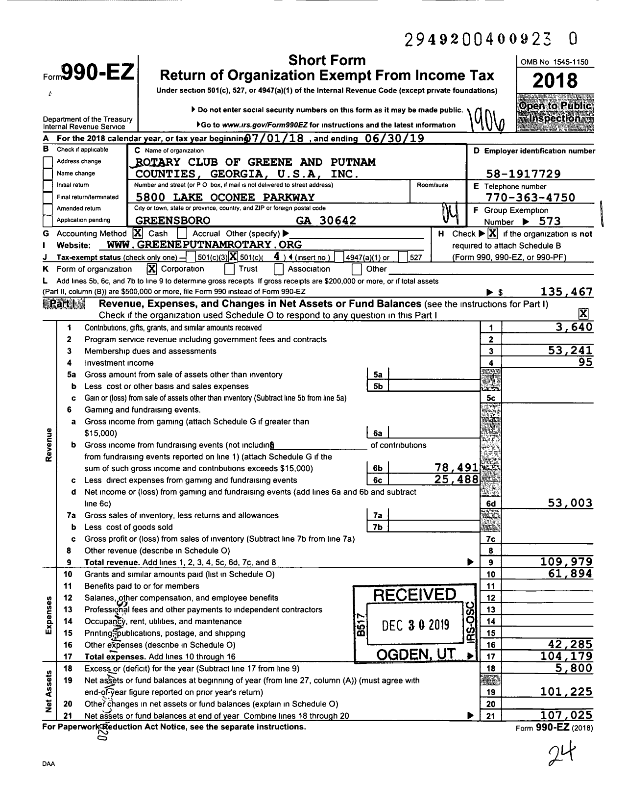 Image of first page of 2018 Form 990EO for Rotary International - Greene and Putnam Counties