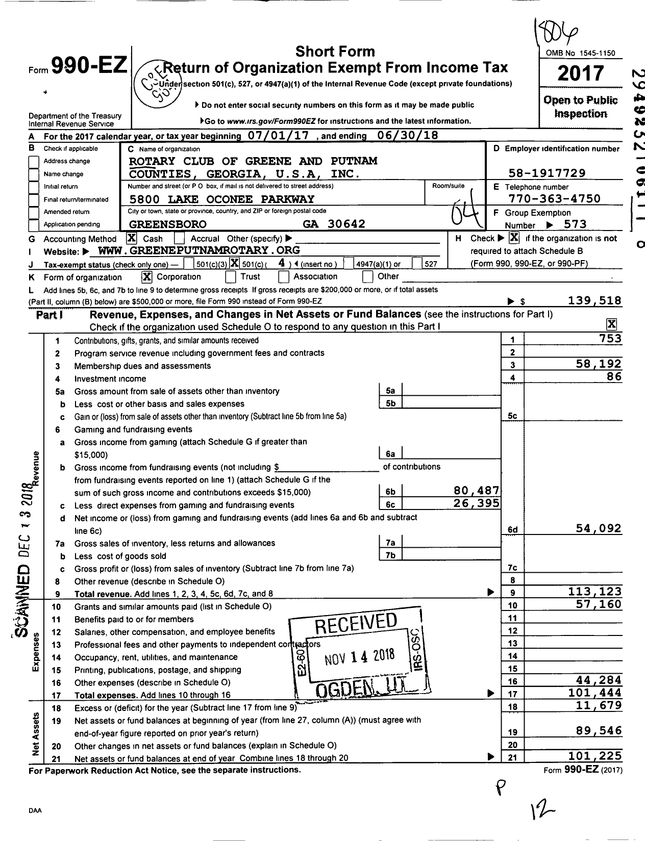 Image of first page of 2017 Form 990EO for Rotary International - Greene and Putnam Counties