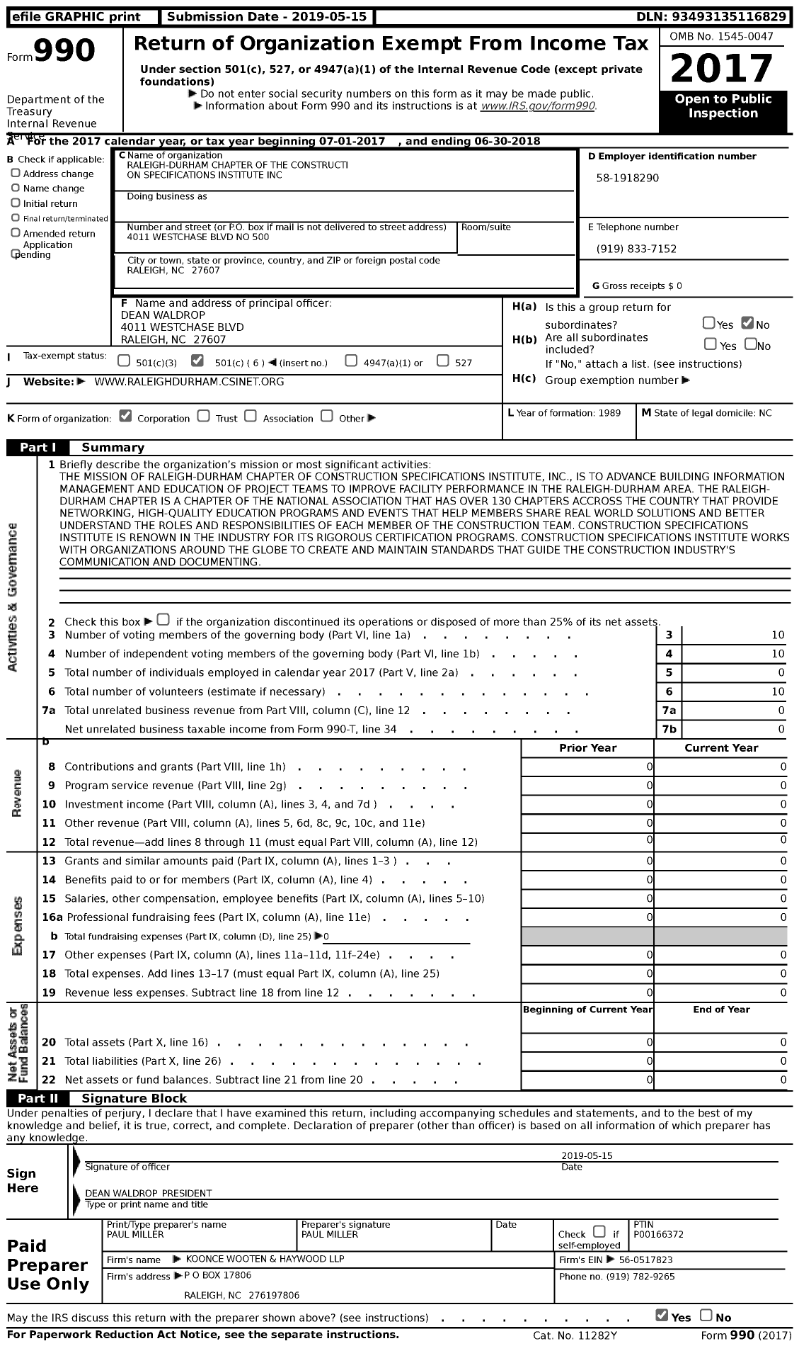 Image of first page of 2017 Form 990 for Raleigh - Durham Chapter of the Construction Specifications