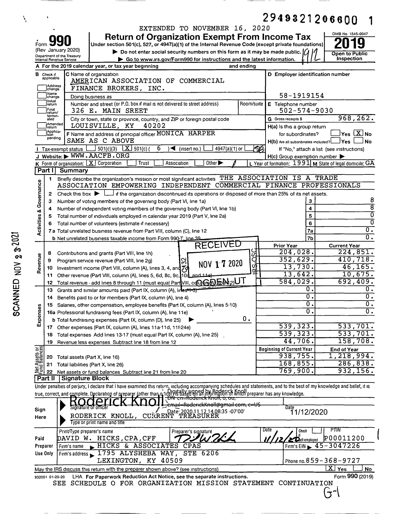 Image of first page of 2019 Form 990O for American Association of Commercial Finance Brokers
