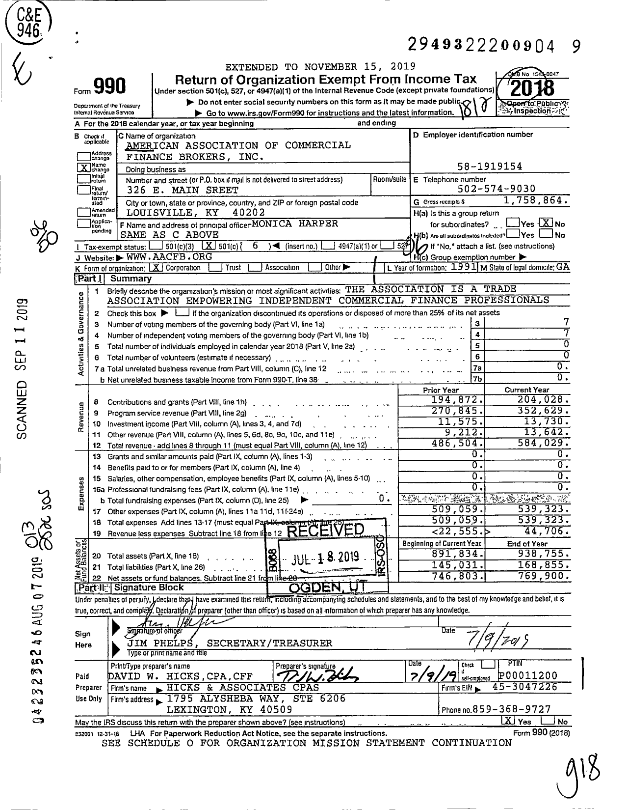 Image of first page of 2018 Form 990O for American Association of Commercial Finance Brokers