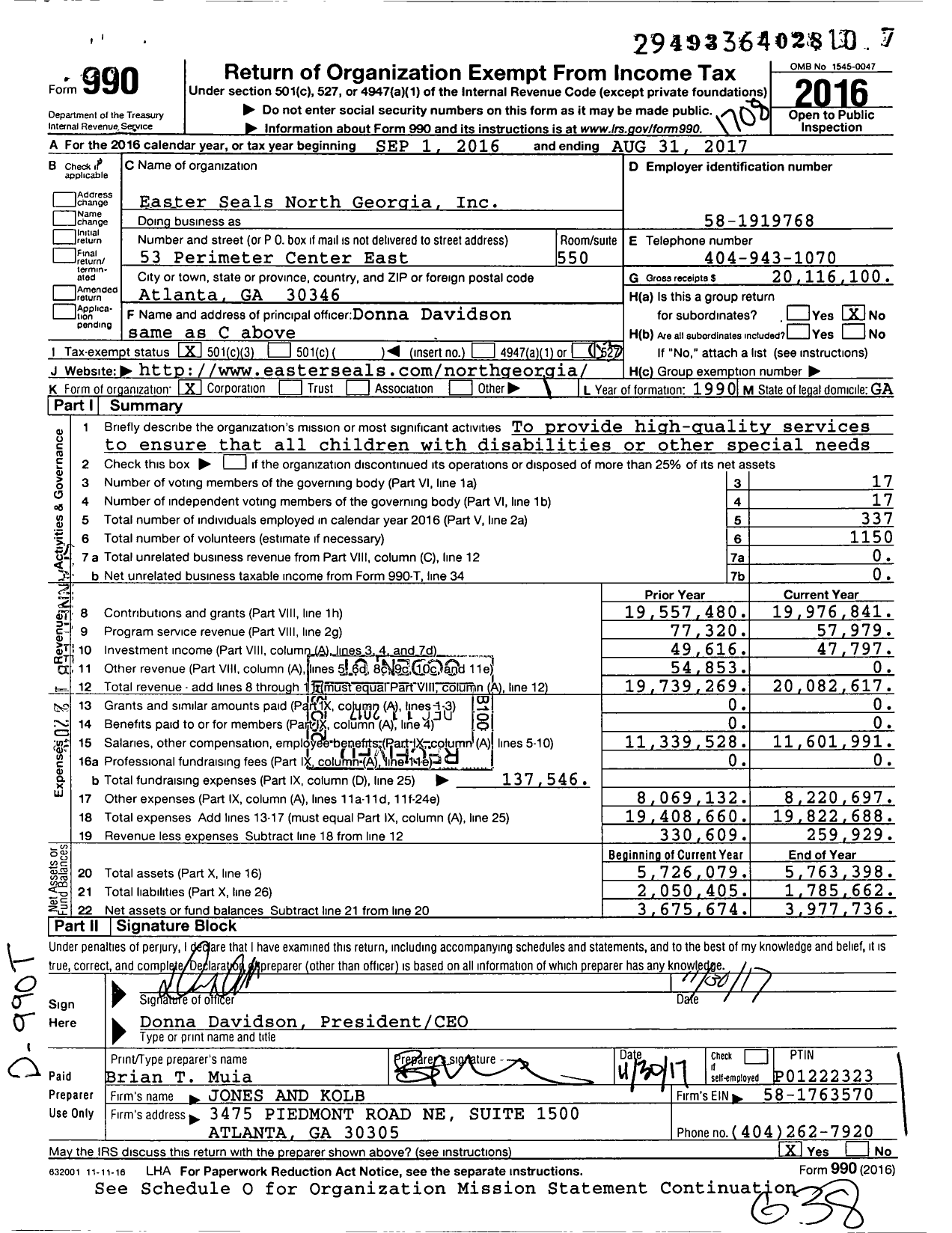Image of first page of 2016 Form 990 for Easter Seals North Georgia (ESNG)