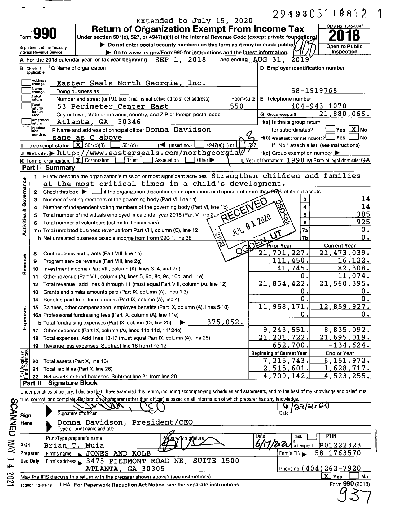 Image of first page of 2018 Form 990 for Easter Seals North Georgia (ESNG)